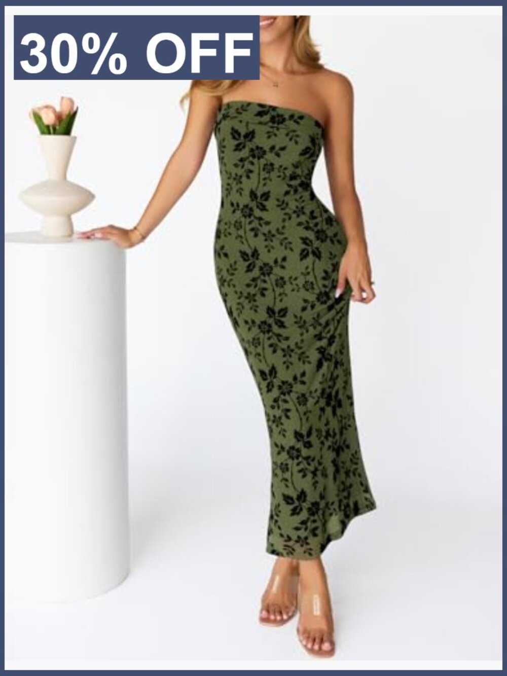 Formal Strapless Bodycon Floral Tube Mesh Cocktail Party Maxi Dress - Picture 4 of 7